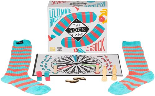 Box for The Sock Game with two turquoise and red striped socks, a spinner board, and wooden game pieces.