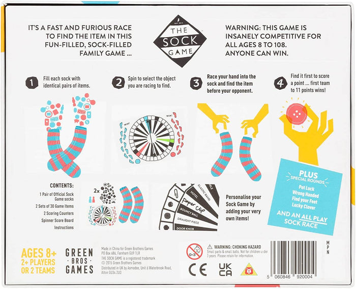 Back of board game box with white background, colorful striped socks, illustrated game steps, and a list of contents.