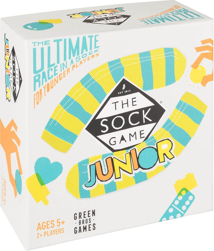 White game box for The Sock Game Junior with a teal and yellow striped sock graphic and colorful icons. Ages 5 plus.