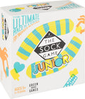 White game box for The Sock Game Junior with a teal and yellow striped sock graphic and colorful icons. Ages 5 plus.