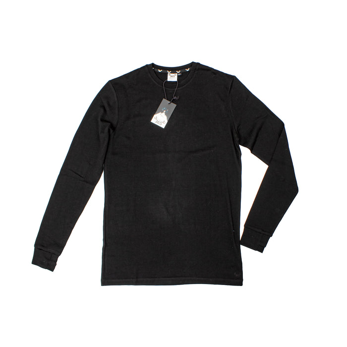Black men's long sleeve shirt by Merino 365 NZ made from 100% Merino wool, featuring a classic fit and soft texture.