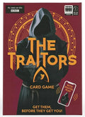 Red box featuring a hooded figure in black robes, gold logo for The Traitors, and an icon for digital play.