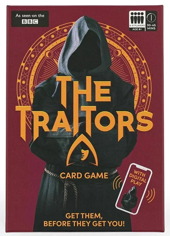 Red box featuring a hooded figure in black robes, gold logo for The Traitors, and an icon for digital play.