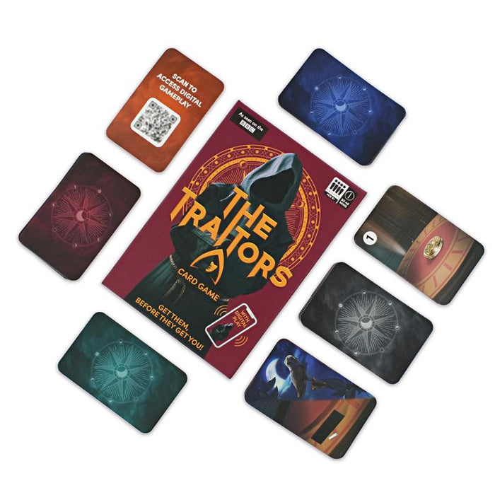 Red The Traitors Card Game box with a hooded figure, surrounded by illustrated game cards on a white background.