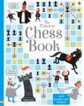 Colorful children's book cover with cartoon chess characters and move diagrams on a blue and white grid background.