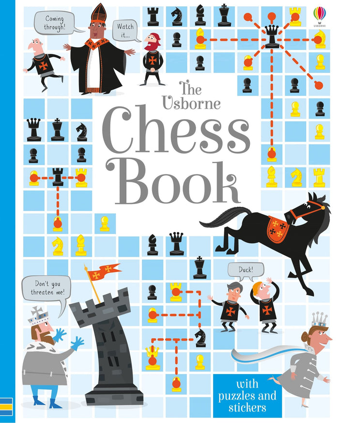 Colorful children's book cover with cartoon chess characters and move diagrams on a blue and white grid background.