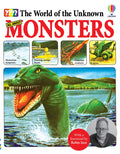 Illustrated book cover featuring a large green sea monster, a squid, and a dragon. Bold red title: All About Monsters.