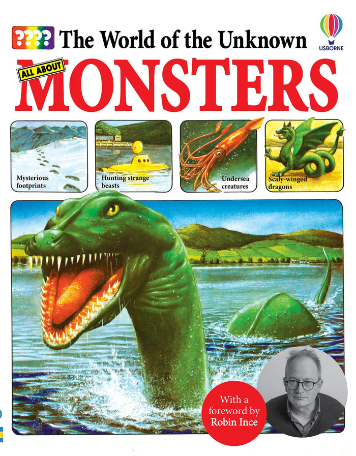 Illustrated book cover featuring a large green sea monster, a squid, and a dragon. Bold red title: All About Monsters.