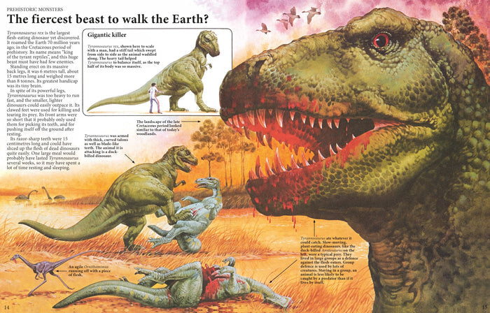 Dinosaur book spread featuring a green Tyrannosaurus rex with bloody teeth, size comparisons, and hunting scenes.