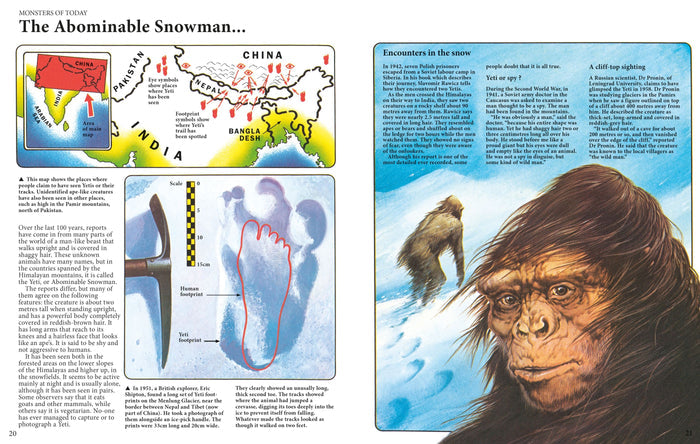 Illustrated book spread about the Yeti with colorful maps, footprint comparisons, and a detailed brown hairy face portrait.