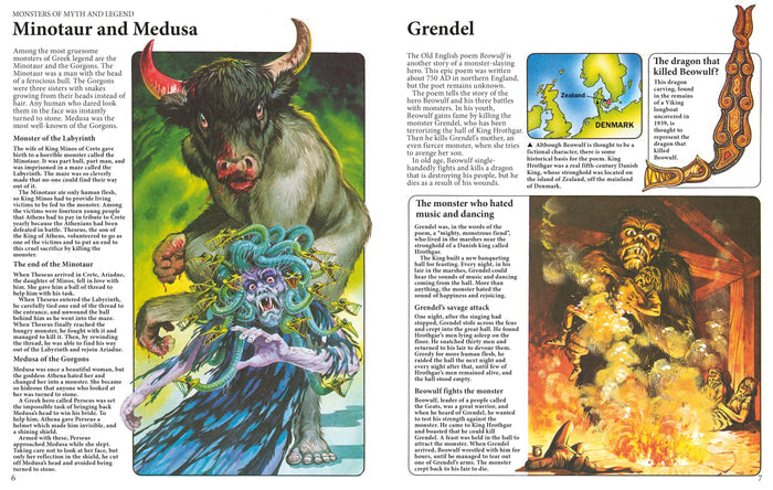 Book pages showing colorful illustrations and text about mythical monsters including the Minotaur, Medusa, and Grendel.