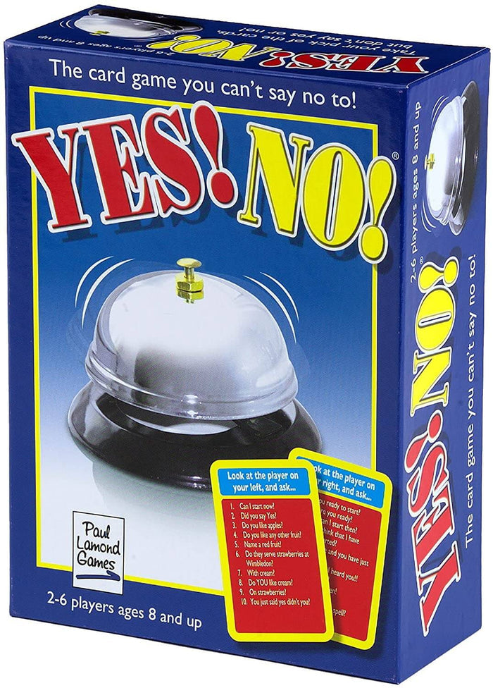 Blue box with YES! NO! in large red and yellow letters, featuring a silver service bell and sample question cards.