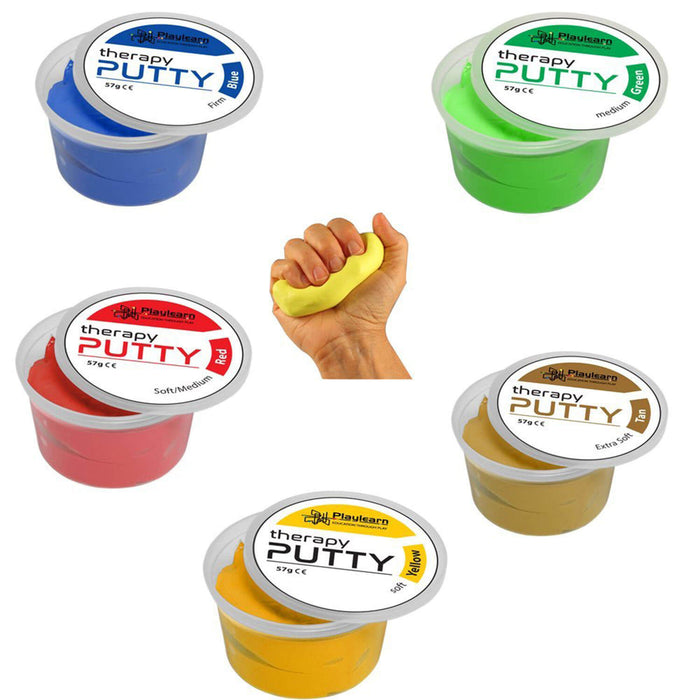 Five tubs of colored therapy putty in tan, yellow, red, green, and blue, with a hand squeezing the yellow putty.