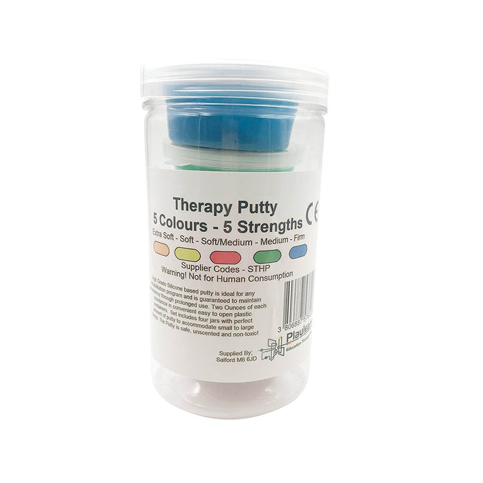 Clear jar holding stacked small tubs of blue, green, red, yellow, and tan putty. Label shows five resistance levels.