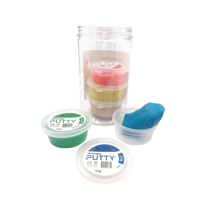 Five tubs of colored therapy putty in a jar and spread out, showing blue putty in an open container.