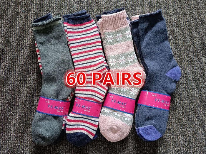 Pair of women's thick thermal crew socks in assorted colors from dealonline.nz, size 6-10, shown in a bundle of 60 pairs.