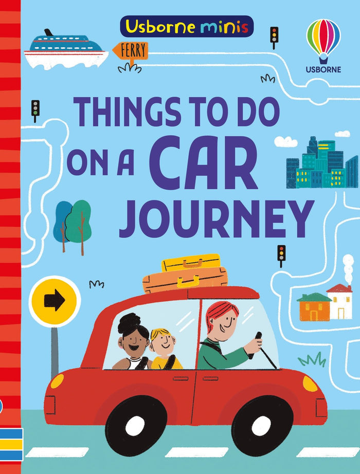 Blue book cover showing a red car with passengers and luggage, surrounded by city, ferry, and traffic light icons.