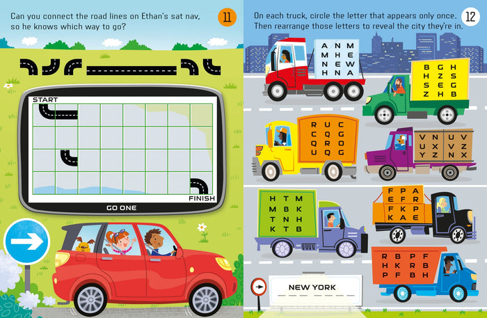 Colorful children's book pages featuring a navigation puzzle, a red car, and six trucks with letter grids.