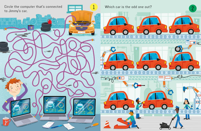 Colorful kids' book pages with a purple wire maze puzzle and a red car factory odd-one-out challenge.