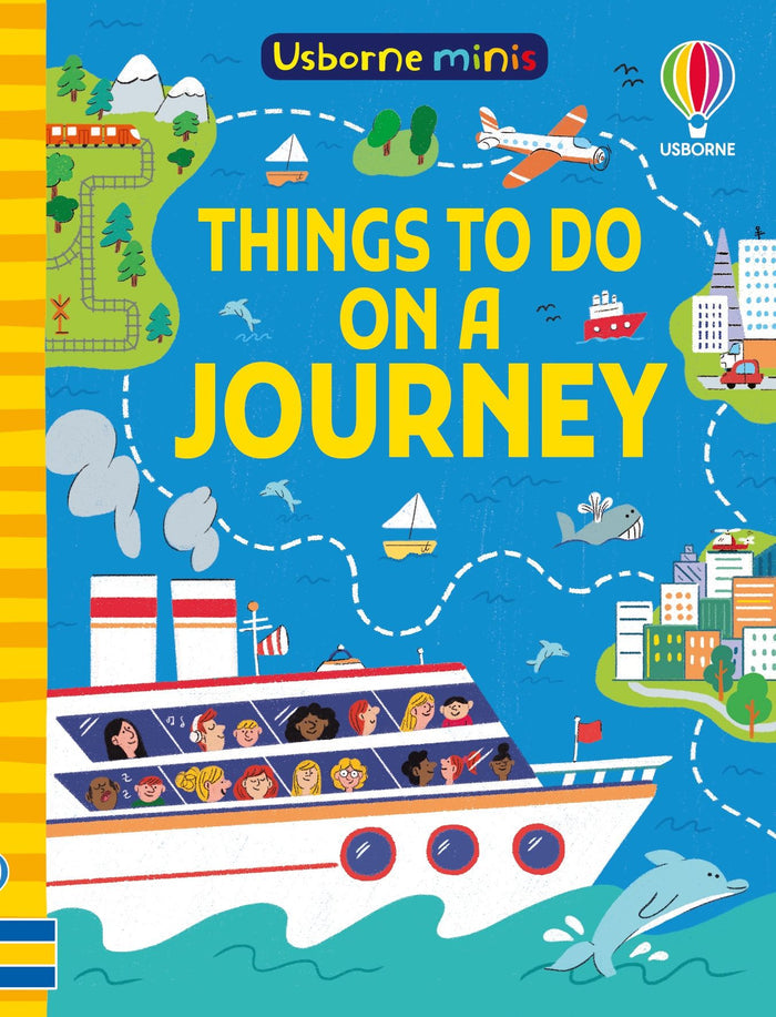 Usborne Minis book titled Things To Do on a Journey featuring cartoon travel illustrations and a yellow striped spine.