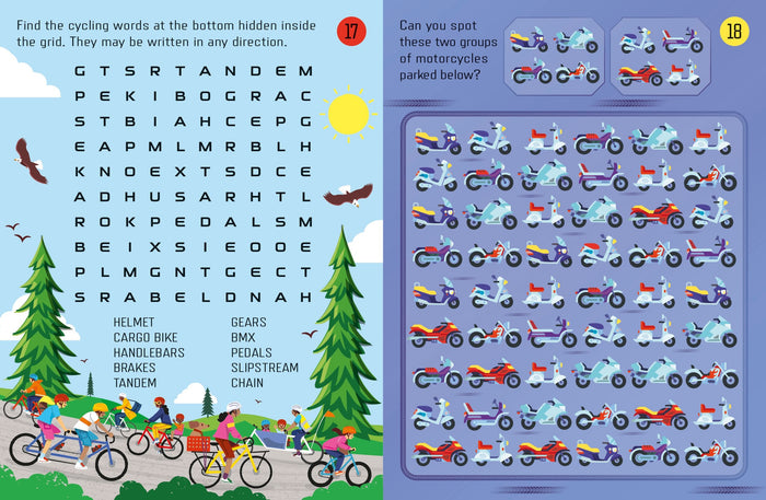 Two colorful pages from a children's activity book featuring a cycling word search and a motorcycle-spotting puzzle.