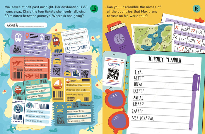 Colorful activity book pages featuring travel-themed puzzles, destination tickets, and country name word unscrambles.
