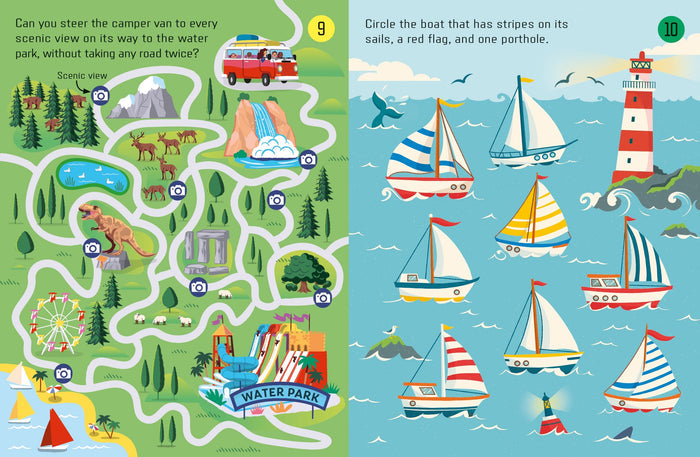 Two-page spread of a colorful activity book featuring a camper van maze and a nautical sailboat-themed puzzle.