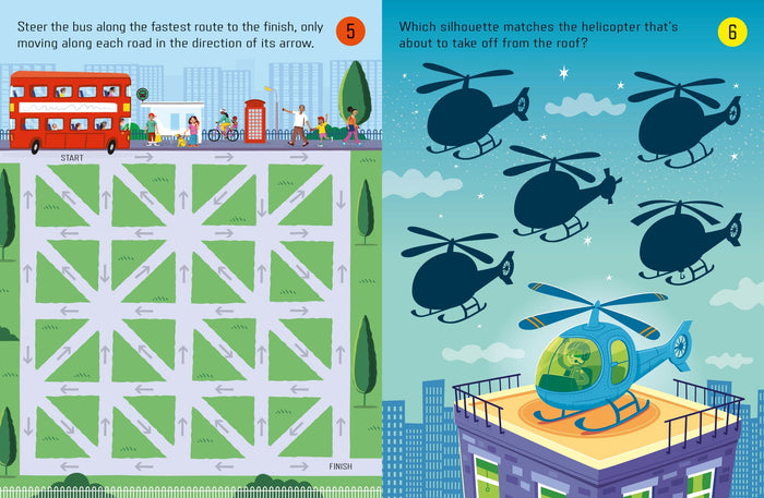 Children's activity book pages showing a red bus maze puzzle and a blue helicopter silhouette matching game.