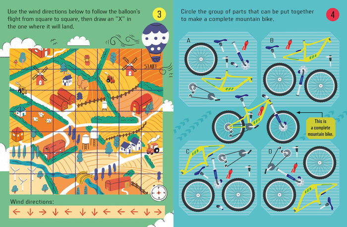 Colorful children's activity book page with a map navigation puzzle and a mountain bike parts matching game.