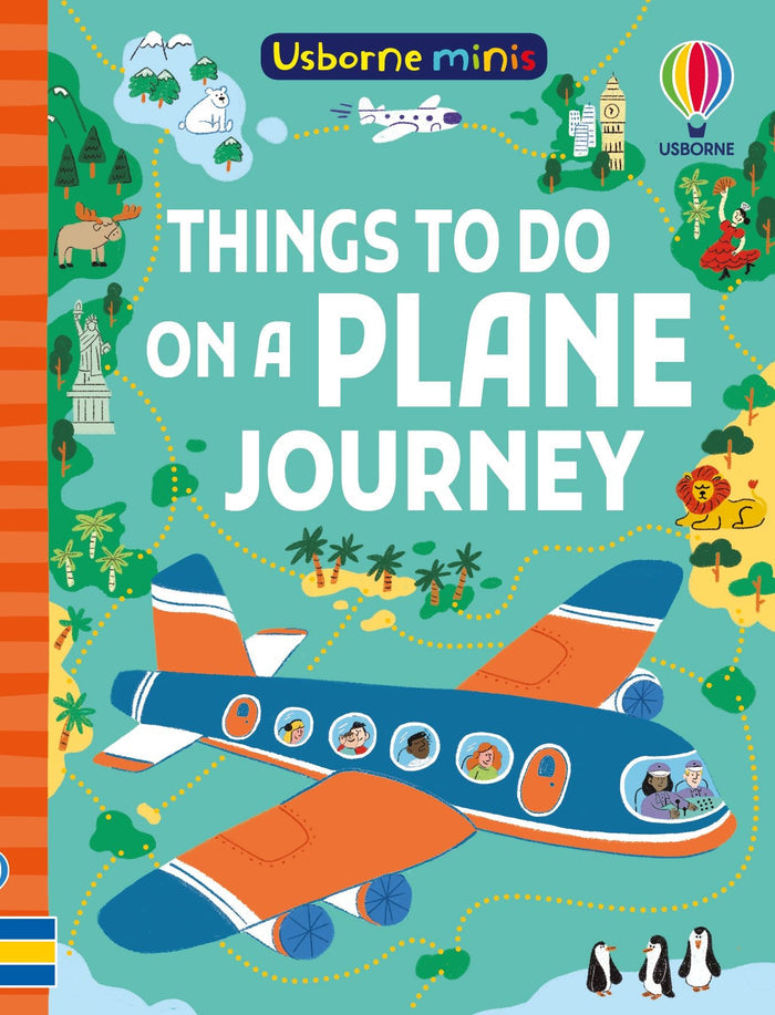 Teal book cover featuring a blue and orange plane flying past world landmarks and animals on a dotted yellow path.