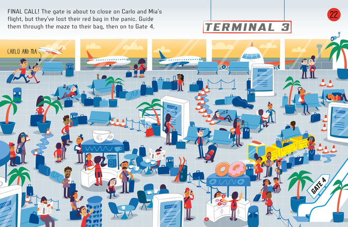 Cartoon airport terminal maze puzzle with travelers and planes, from a children's travel activity book.
