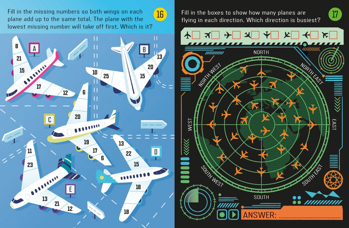 Two activity book pages with colorful airplane math puzzles on blue and a green radar screen counting game on black.