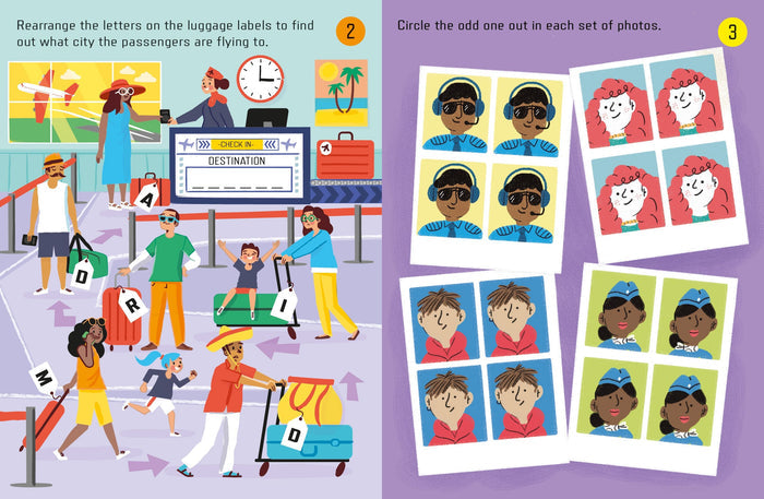 Children's activity book pages featuring airport-themed word scrambles and odd-one-out photo puzzles.