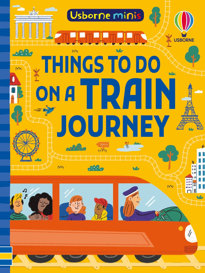 Yellow book cover featuring a red train, city landmarks, and blue text "Things to do on a train journey.
