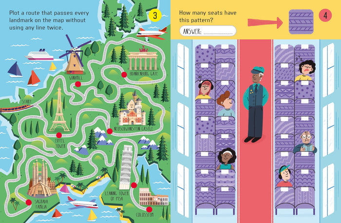 Two colorful activity book pages: a map of landmarks with train tracks and a train seat pattern-matching puzzle.