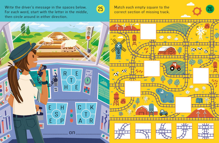 Colorful illustrated activity book pages showing a train driver word puzzle and a farm-themed track-matching game.