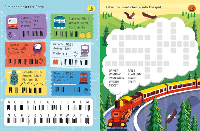 Two colorful activity book pages with train puzzles, barcode tickets, and a crossword puzzle cloud above a steam train.