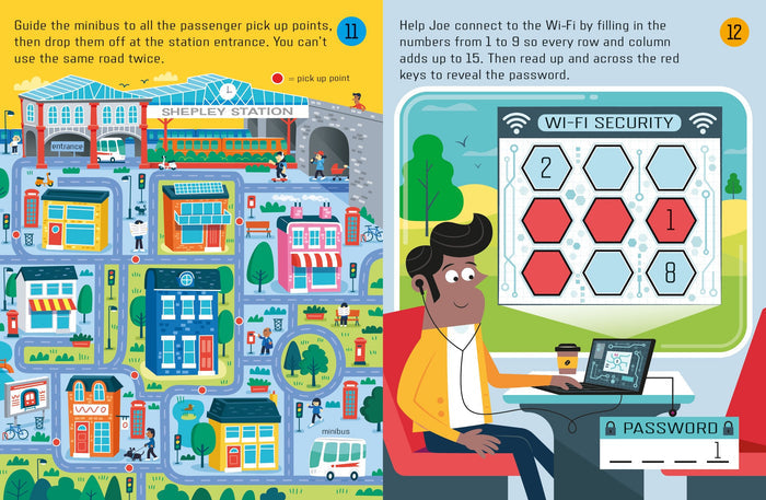 Colorful children's activity book pages featuring a city map maze and a magic square number puzzle.