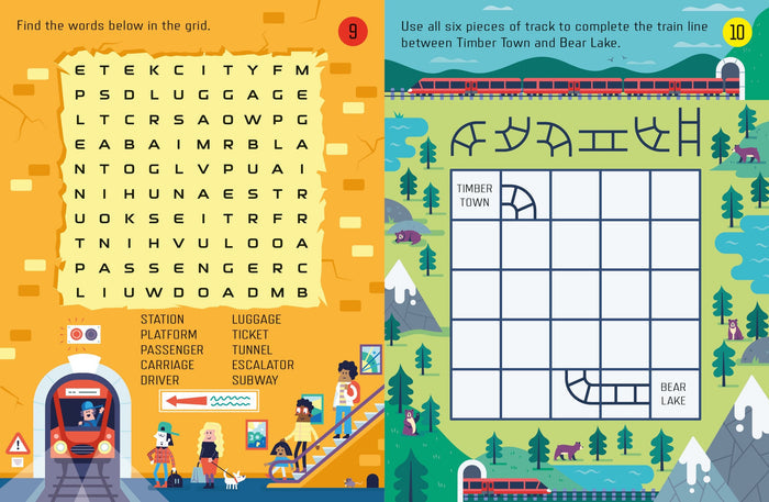 Colorful children's book pages featuring a yellow word search and a green mountain-themed train track puzzle.