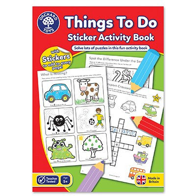 Red cover of a children's activity book showing sample puzzle pages with animal line art and colorful pencils.