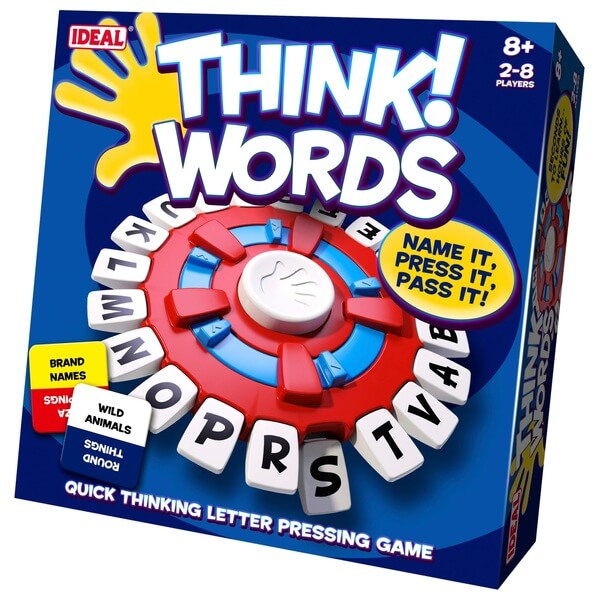 Think Words game box showing a circular red and blue letter-pressing unit with white alphabet keys and category cards.
