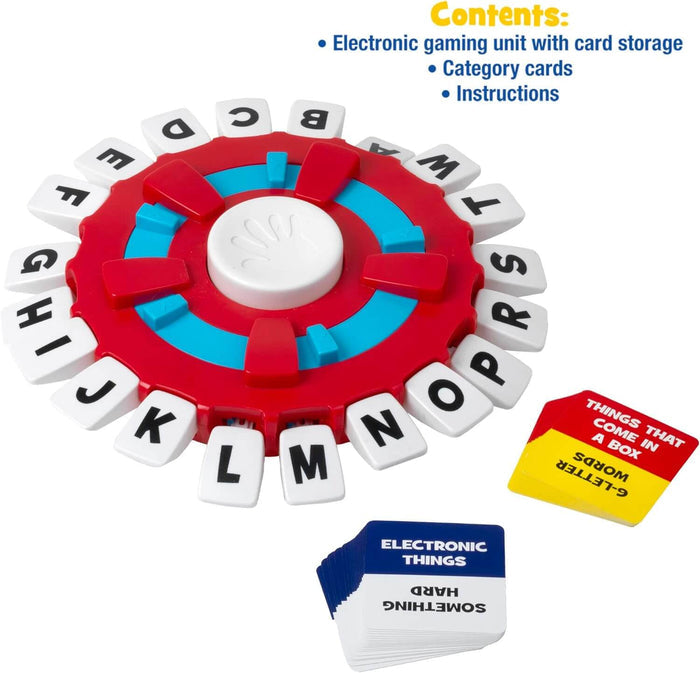 Circular red and blue game wheel with A-Z letter tabs and two stacks of colorful category cards.