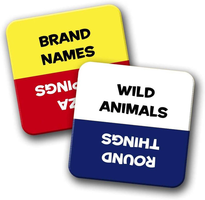 Two square game cards with yellow, red, white, and blue halves showing categories like Brand Names and Wild Animals.