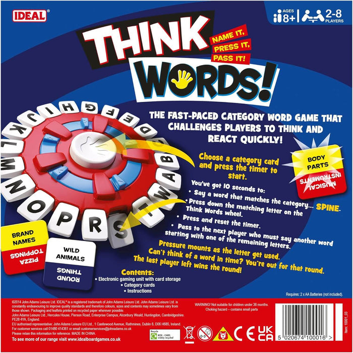 Blue board game box featuring a circular electronic unit with colored letter keys and yellow category cards.