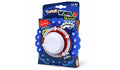 Circular travel word game with a central white timer and blue pop-up letters, shown in its blue cardboard packaging.