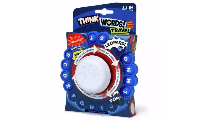 Circular travel word game with a central white timer and blue pop-up letters, shown in its blue cardboard packaging.
