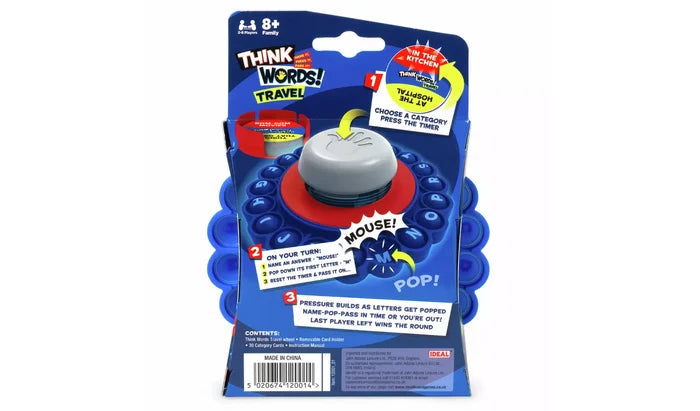 Blue circular word game wheel with letter buttons and a grey central timer, displayed in its blue retail packaging.