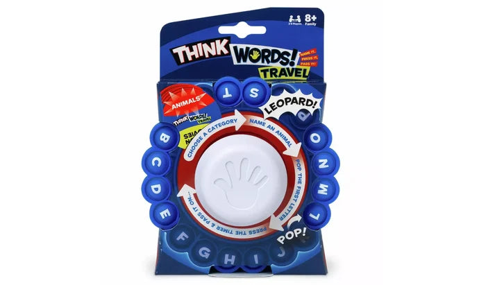 Circular blue word game with letter buttons surrounding a white central timer button, shown in its retail packaging.