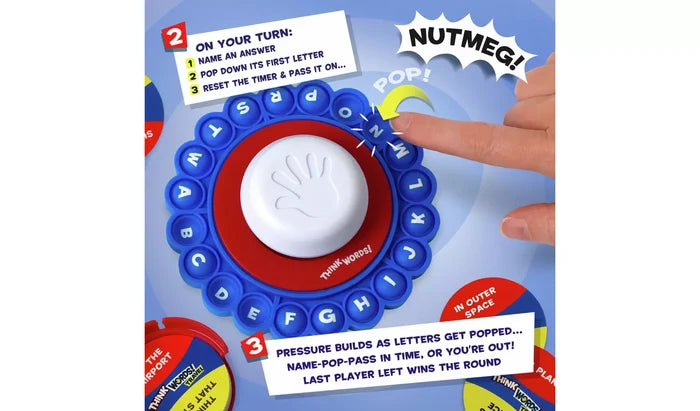 Blue circular word game with letter buttons, a central white timer button, and various category cards.