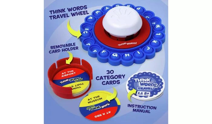 Blue circular letter wheel game with red card holder, yellow category cards, and instruction manual.